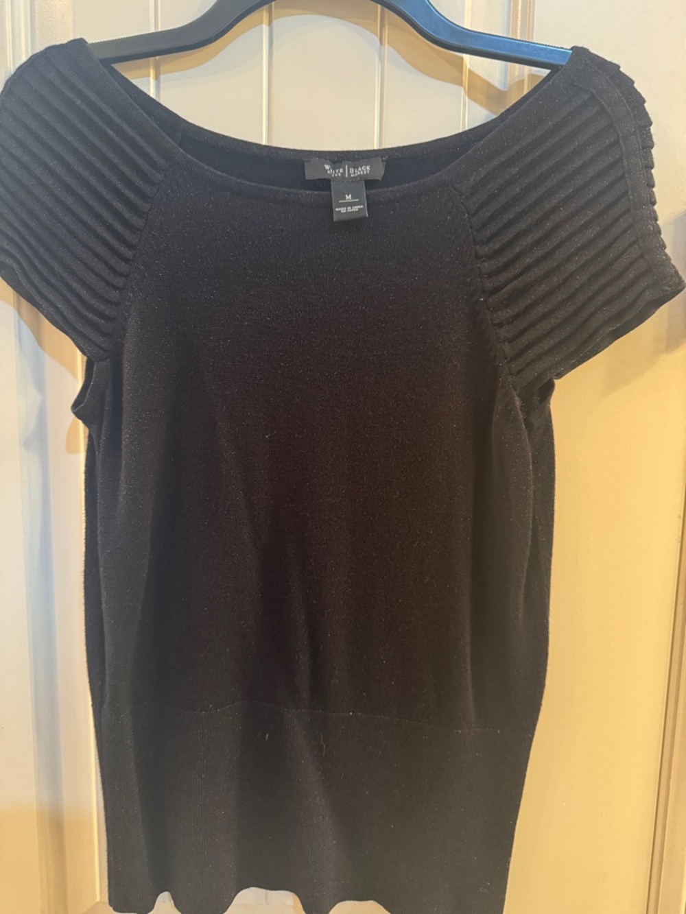 White House Black Market Black Ribbed Cap-Sleeve Knit Top